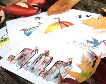 Greeting Cards - Assorted Bird Fall  Watercolors - Set of 5