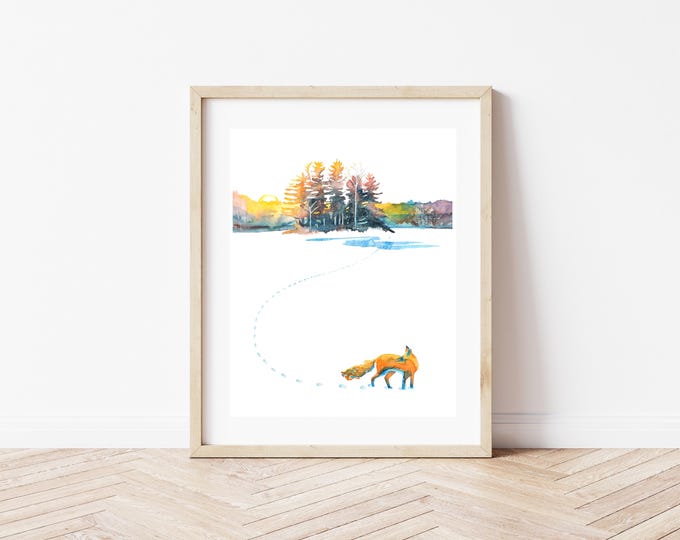 Featured listing image: Winter Fox Art Print – Signed Watercolor Giclée Reproduction