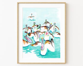 Hungry, Hungry Pelicans - Watercolor Art Print