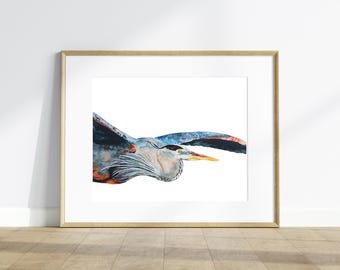 Great Blue Heron in Flight Art Print – Signed Watercolor Giclée Reproduction