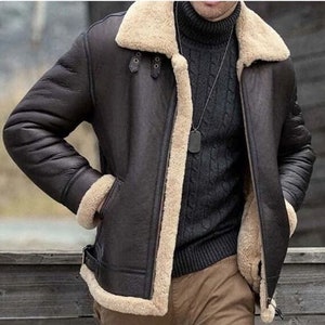 Men's Aviator Finished Jacket Luxury Premium Leather Outer Warm Sheepskin  Shearling Lining Quality Garment Center Zip Pockets Chest 36 50 