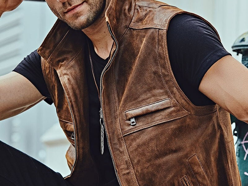 Men's Brown Distressed Leather Vest Biker Bomber Gilet Etsy
