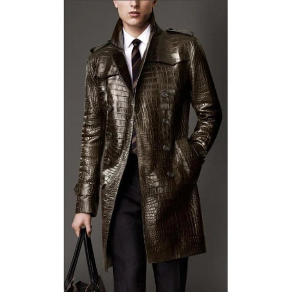 Faux Leather Notch Collar Alligator Print Leather Coat Crocodile