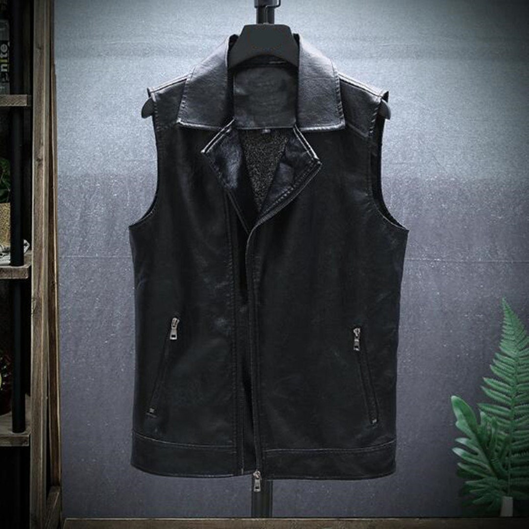 Black Leather Men's Sheepskin Vest Handmade 90's Vintage Biker Vest