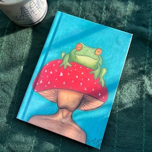 Green Frog & Mushroom Head Art on Journal | Fairy Aesthetic | Daily Notebook | Matte Hard Cover | 150 Pages | Ruled Paper | 8” x 5”