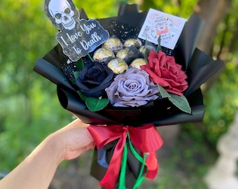 custom Halloween rose chocolate bouquet Halloween flower gift for her Halloween date night gift spooky cute bouquet gothic theme rose gift