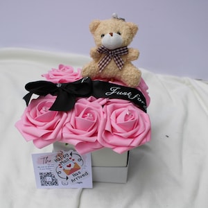 Pink rose box with bear gift rose eternal rose engagement gift box artificial rose arrangement gift square handmade rose box baby pink rose
