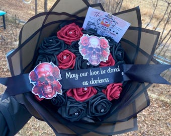 Black Rose Skull Bouquet: Gothic Halloween Artificial Flower Arrangement