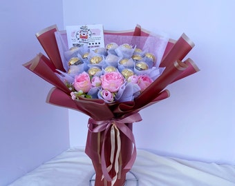Ferrero Rocher Chocolate Bouquet: Pink Roses Valentine's Gift
