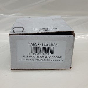 May include: A white box with a label that reads "OSBORNE No. 1442-5" and "5 LB. HOG RINGS SHARP POINT". The box is labeled with a barcode and the company name and address.