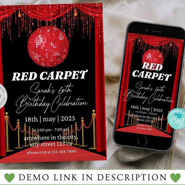 Red Carpet Invitation Template, Red Carpet Birthday Invitation, Red Carpet Event Invitation, Red Carpet Party Printable, Red Carpet Theme