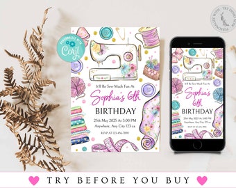 Editable Sewing Invitation, Sewing Party Invite, Girls Sewing Invitation, Sewing Birthday Party Invite, Instant Download, Sewing Birthday