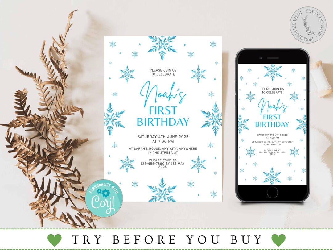 Snowflakes Birthday Invitation Girl or Boy Editable Template, Winter ...