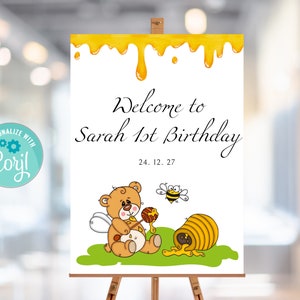 Bee Day Welcome Sign, 1st Birthday Welcome Poster, Bee First Birthday Welcome Sign, First Birthday Welcome Poster, Editable Template, Corjl