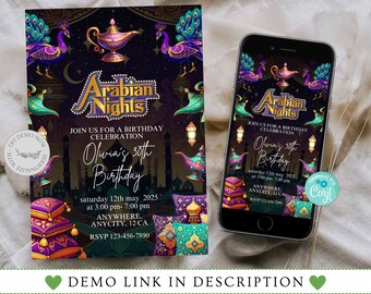 Arabian Nights Birthday Party Invitations, Printable Arabian Nights Invitation, Aladdin Invitation, Printable Invite, Corjl Invitation