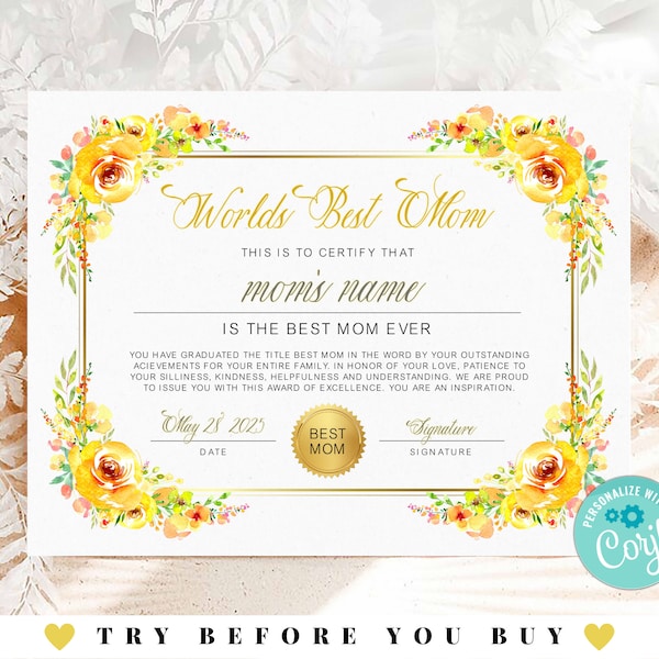 Editable Best Mom Certificate Template, Mother's Day Certificate, World's Best Mom, Best Mom Award with Flowers, Best Mom Ever Certificate