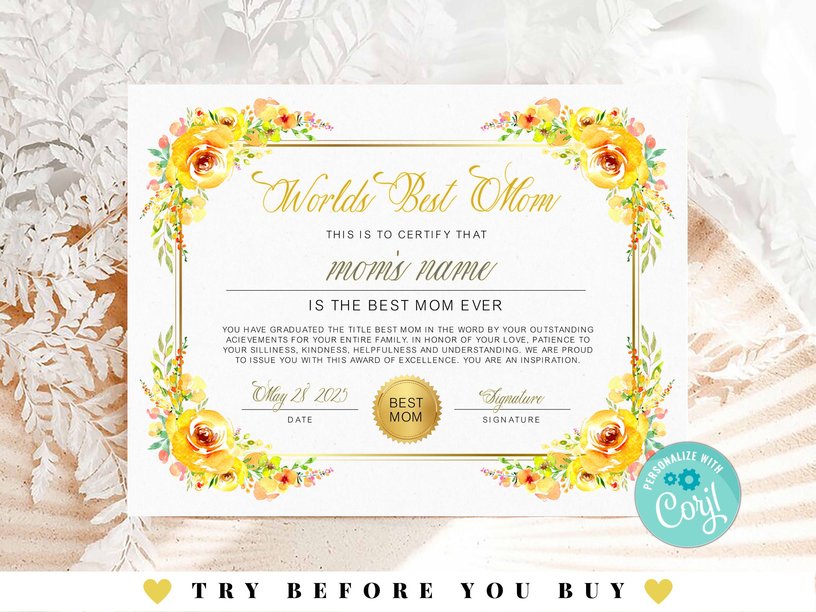 Editable Best Mom Certificate Template, Mother's Day Certificate, World Editable Best Mom Certificate Template, Mother's Day Certificate, World