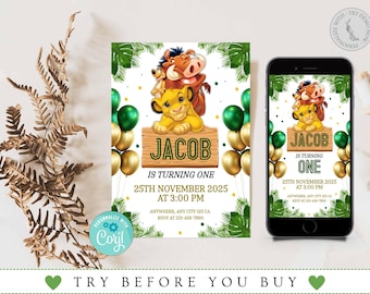 Lion King Birthday Invitation, Lion King Party, Children&#39;s Party Invitation, Corjl Template, Digital Lion King Card, Lion King Invitation