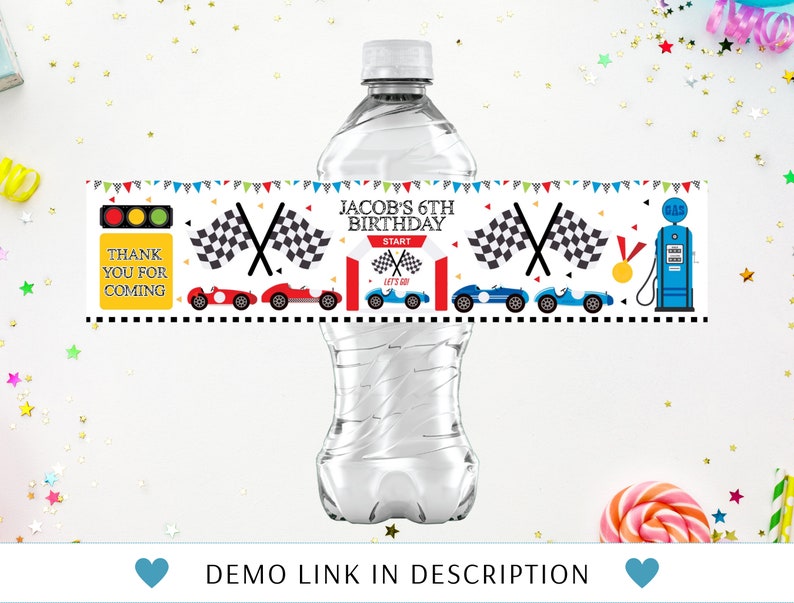 Race Car Birthday Printable Water Bottle Labels, Personalized Racecar ...