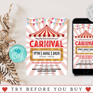 Editable Carnival Flyer Template, Fair Event, Digital Download, Carnival Invitation For School, School Flyer Template Editable, Circus Party