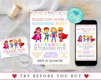 Editable Superhero Birthday Invitation Template, Printable Birthday Party Invitations, Digital Kids Party Invite, Birthday Party Invitation