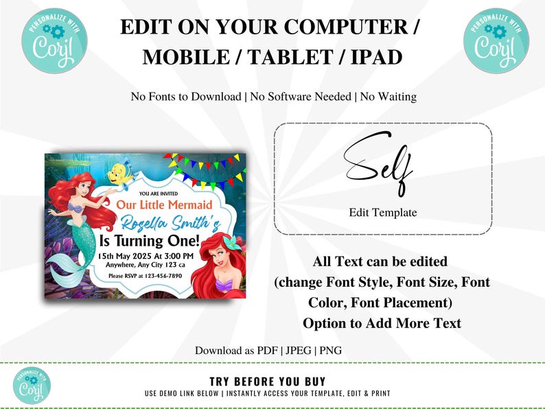 Little Mermaid Ariel Birthday Invitation, Little Mermaid Invite Party