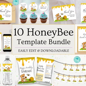 First Bee Day Invitation Bundle, Editable 1st Birthday Bundle Template, Honey Bee First Birthday Pack, Bee Theme 1st Birthday, Birthday Girl