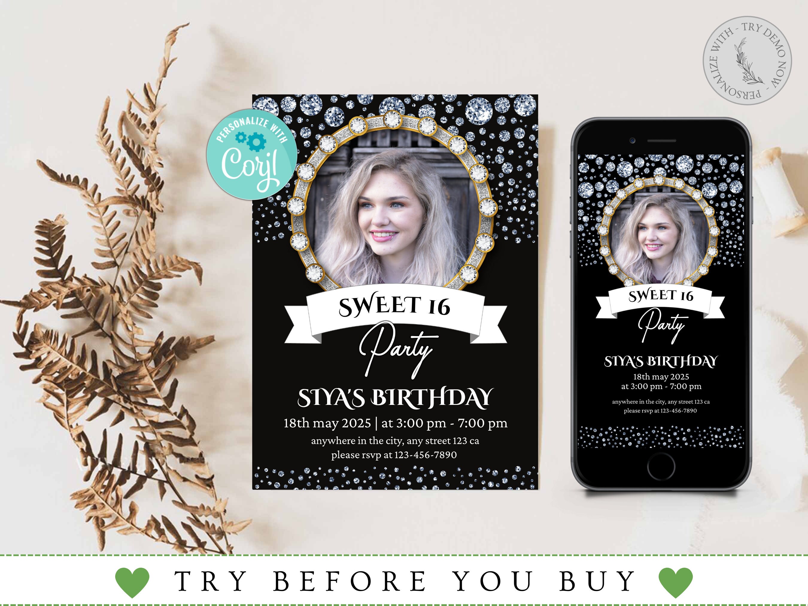 Editable Sweet Sixteen Birthday Invitation Template, Digital Download, Birthday Invitation, Printable Invitation, Black & Gold, Party