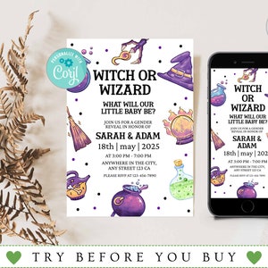 Editable Witch or Wizard Gender Reveal Invitation Template, Magical Boy or Girl Reveal Invite, Witchcraft & Wizardry, He or She Magic Reveal