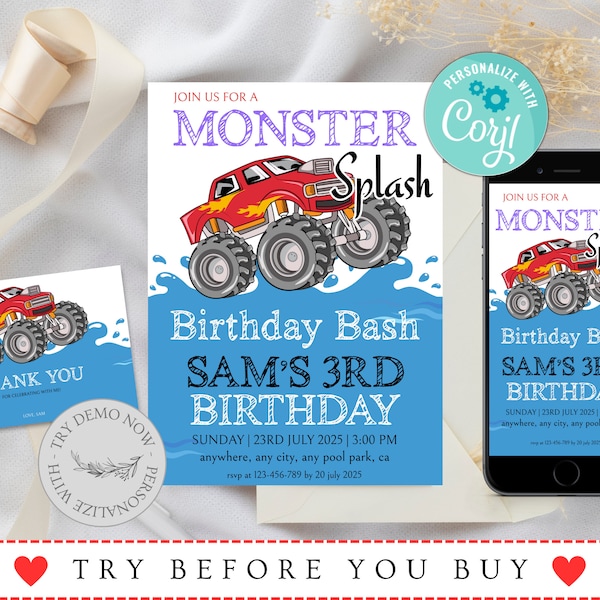 Pool Party Invitation Template, Pool Birthday Party, Monster Splash Birthday Bash Invite, Monster Truck Waterslide, Summer Birthday Party