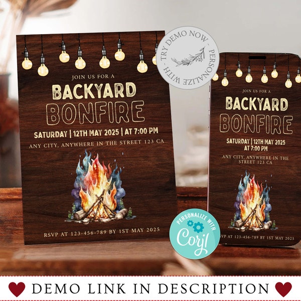 Bonfire Party Invitation Template, Bonfire Party Invitation, Backyard Bonfire, Rustic Bonfire Invite, Backyard Bonfire Invite, Corjl