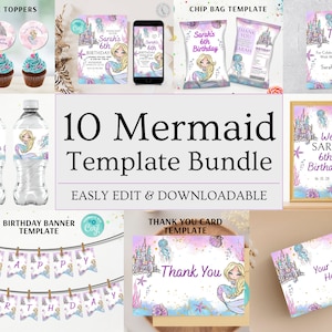 Mermaid Birthday Party Bundle, Editable Under the Sea Party Invite, Magical Birthday Party Decor, Purple Mermaid, Instant Download