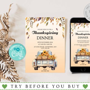Thanksgiving Invitation Template, Printable Thanksgiving Dinner Invitation, Thanksgiving Party Invite, Floral Invite, Instant Download
