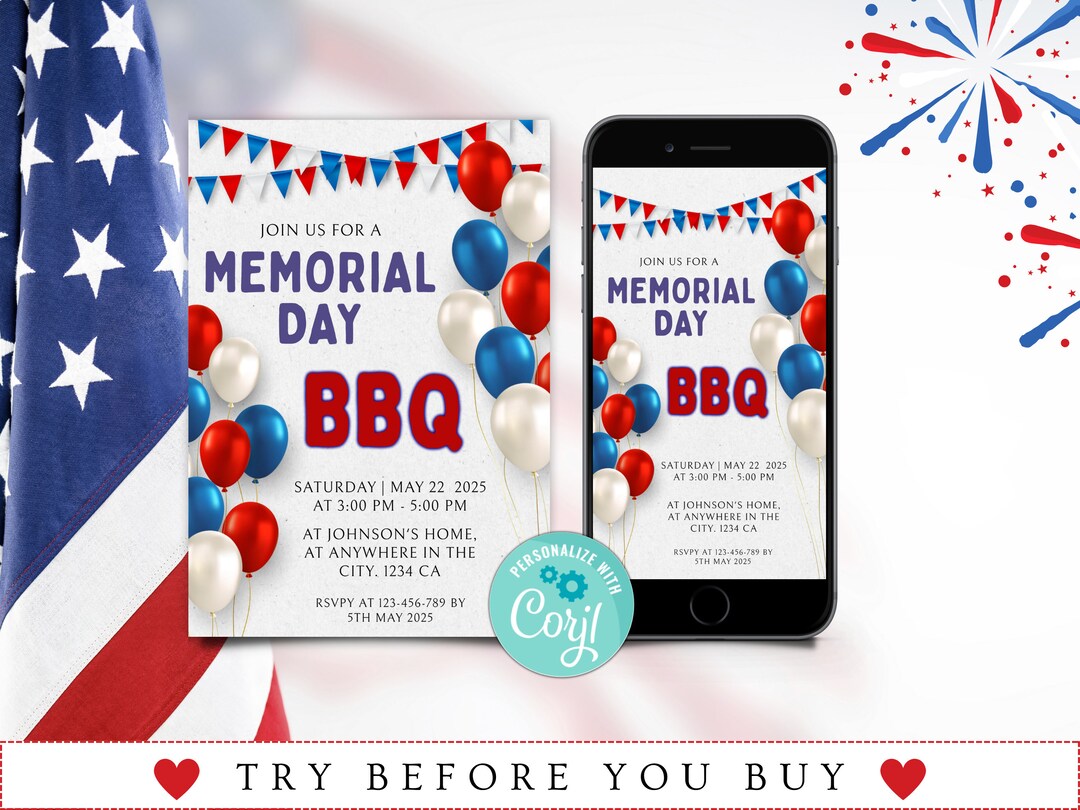 Memorial Day Invitation Template, Memorial Day BBQ Invite, Memorial Day