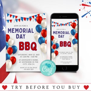 Memorial Day Invitation template, Memorial Day BBQ invite, Memorial Day invitation, editable Memorial Day invite, Memorial Day Cookout