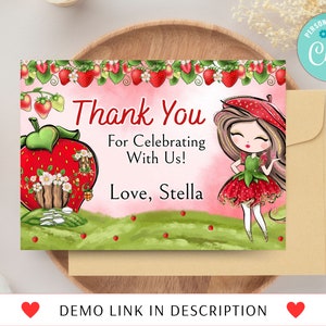 Carte de correspondance modifiable aux fraises, modèle numérique de décoration d'anniversaire, imprimable, téléchargement immédiat, carte de remerciement d'anniversaire