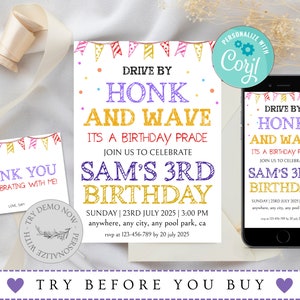 Editable Drive by Birthday Parade Invitation, Drive by Kids Birthday Party Invite, Drive Through Honk Wave Car Parade Party, Corjl