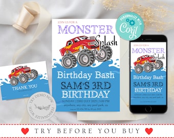 Pool Party Invitation, Monster Splash Birthday Bash Invite, Monster Truck Waterslide,  Summer Birthday Party, Pool Birthday Invite, corjl