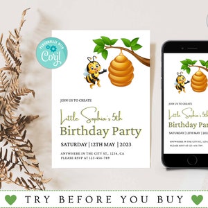 Bee Birthday Invitation Template, Bumble Bee Birthday Invitation, First Birthday Invitation, Honey Birthday, Download, Editable
