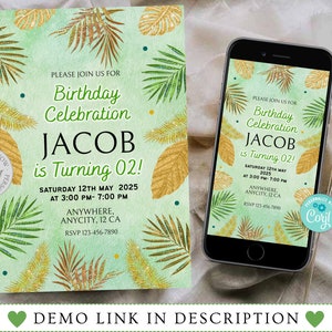 Glitter Tropical Leaves Invitation, Tropical Leaves Invitation, Tropical Leaves Birthday Party Invitation Template, Tropical Birthday Invite