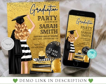 Graduation Party Invitation Template, Graduation Annauncement Invitation, Graduation Invite, Class of 2024, Gold Glitter Graduation Party