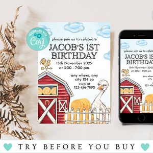 Editable Farm Birthday Invitation Template, Barn Farm Animals Birthday Party Invitation, Farm Animal Digital Template, Instant Download