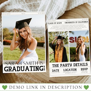 Newspaper Graduation Party Invitation Template, Printable Modern Photo Graduate Announcement, Editable Senior Grad Invite, Instant Download