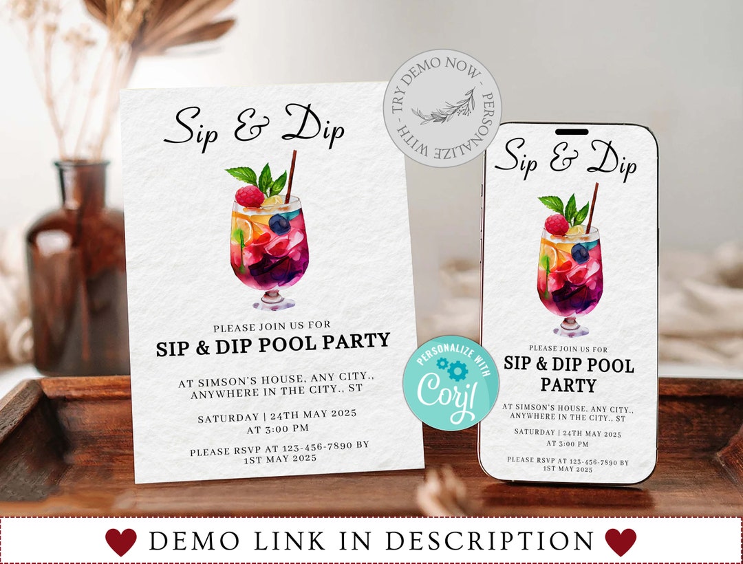 Pool Party Invitation, Pool Party, Summer Party Invitation, Sip and Dip