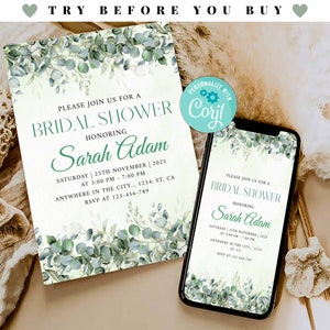 Bridal Shower Invitation Template, Eucalyptus Bridal Shower Invite, Greenery Wedding Shower Editable Invite, Digital Invite Printable