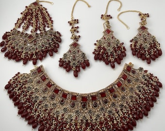 Gold Plated Bridal Jewelry Set | Maroon Necklace Set | Bridal Set | Pearl Wedding Jewelry | Indian Choker Set
