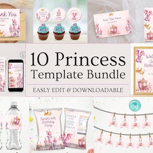 Princess Birthday Party Bundle, Editable Princess Birthday  Party Invite, Princess Birthday Party Decor, Pink Princess, Instant Download