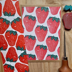 Hand-printed bookmark and card - strawberry - A6 size + envelope