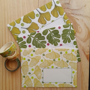 Hand-printed gingko, leaves, hydrangea envelope