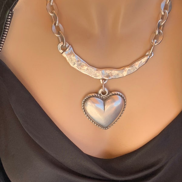 Silver thick chain necklace, big link necklace, silver necklace with charms, voluminous necklace, 50 style one necklace